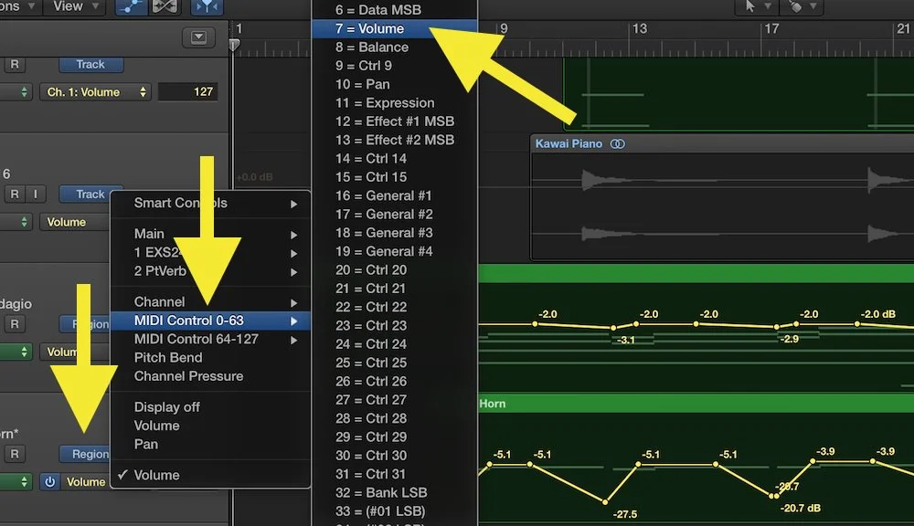 a picture of MIDI Control Change numbers in Logic Pro X
