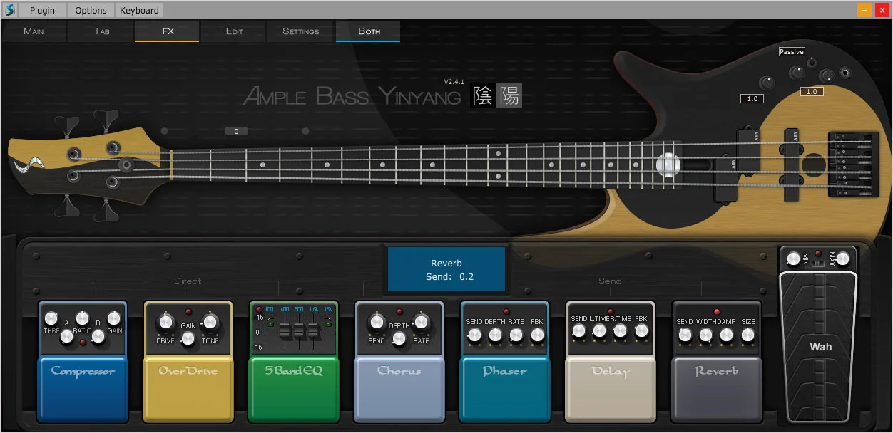 a screenshot of the Ample Sound Ample Bass Yinyang II USer Interface with Effect Pedals