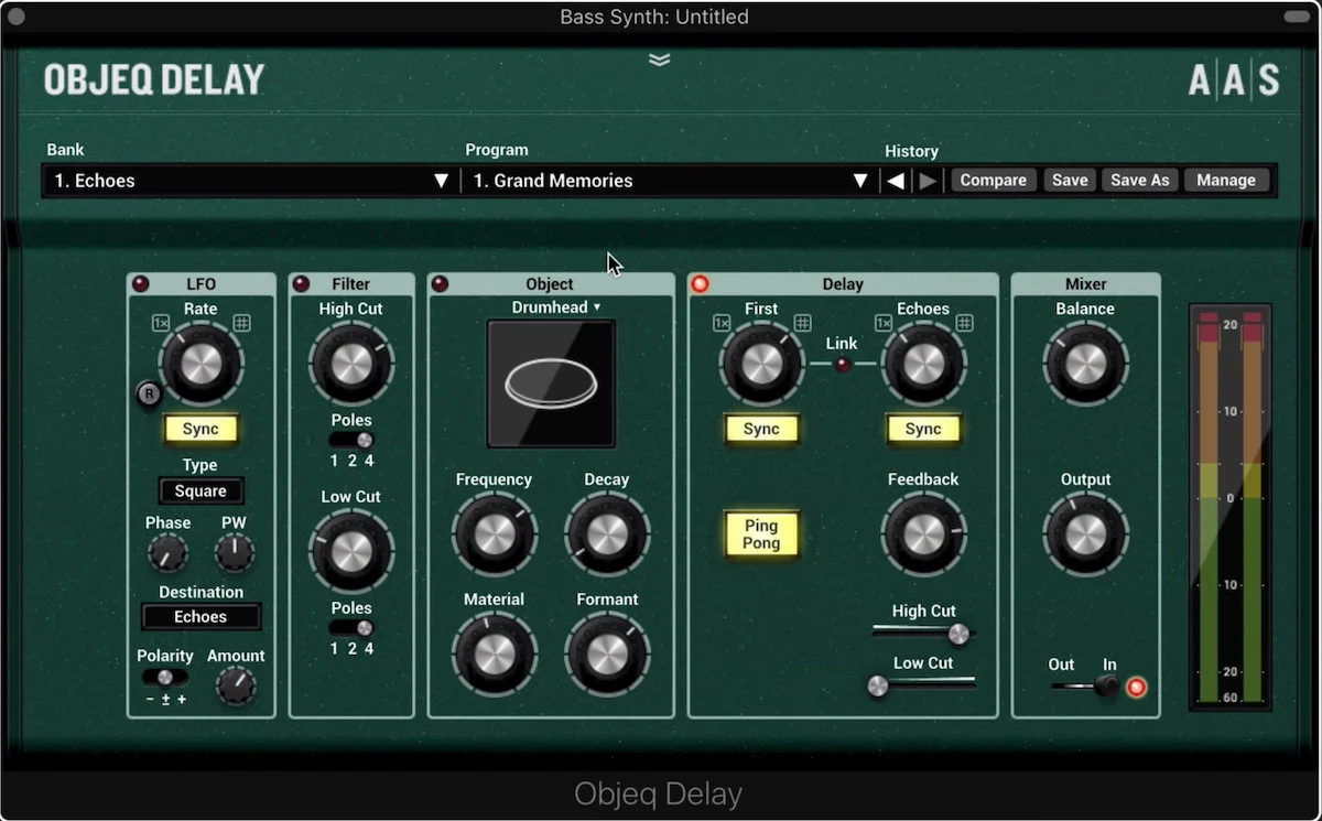 a screenshot of the new objeq delay plugin by applied acoustics