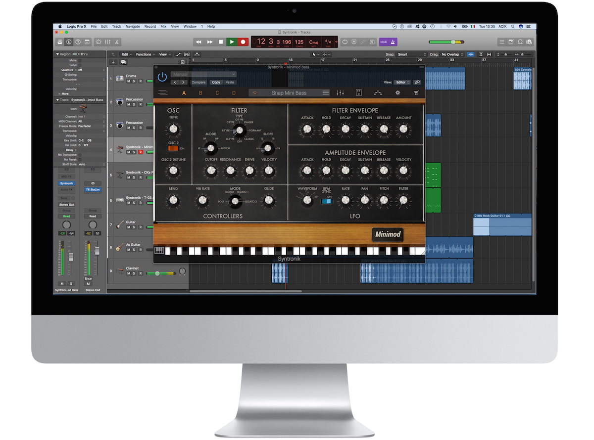 a picture of an iMac running Logic Pro X with the IK Multimedia Syntronik virtual instrument