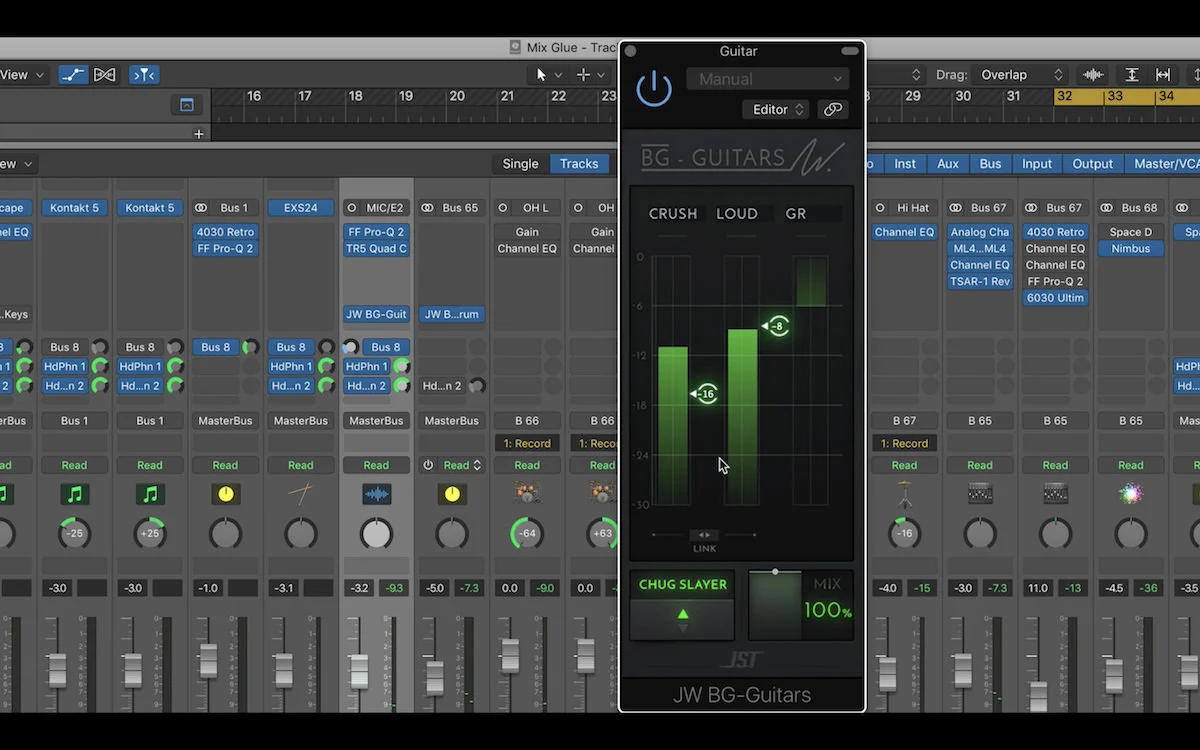 a screenshot of the JST Bus Glue plugin used in Logic Pro X
