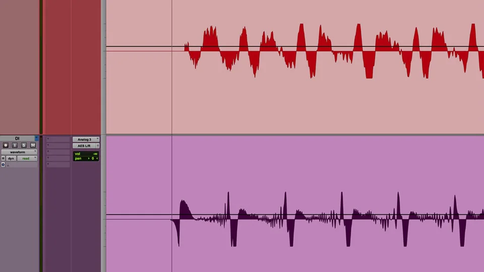 These tracks are from an acoustic guitar recorded with a mic (top) and direct (bottom). Notice the DI track is a slight bit earlier.