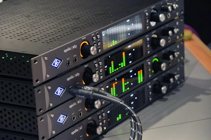 Three of the new Universal Audio x8p Apollo interfaces and one x8 Apollo used in the studio 2 tracking session.