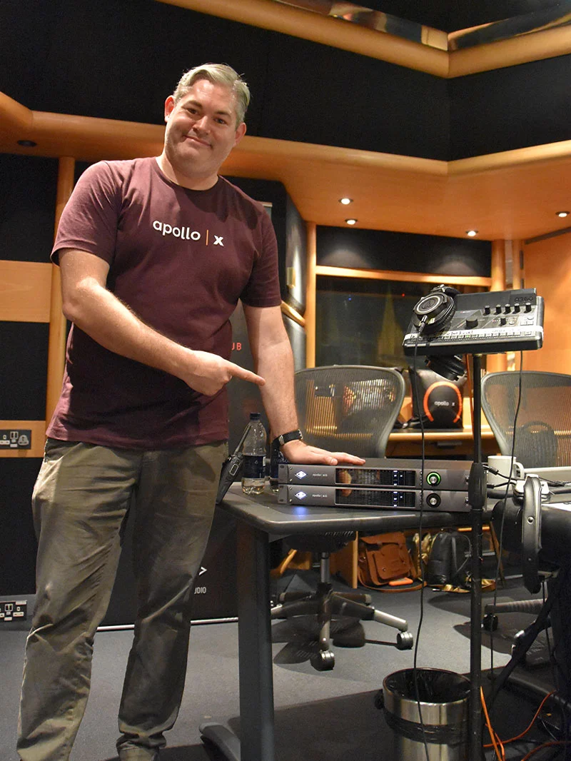 Tom Waterman of Universal Audio with two of the new UA Apollo x16 interfaces used for the orchestral tracking session.