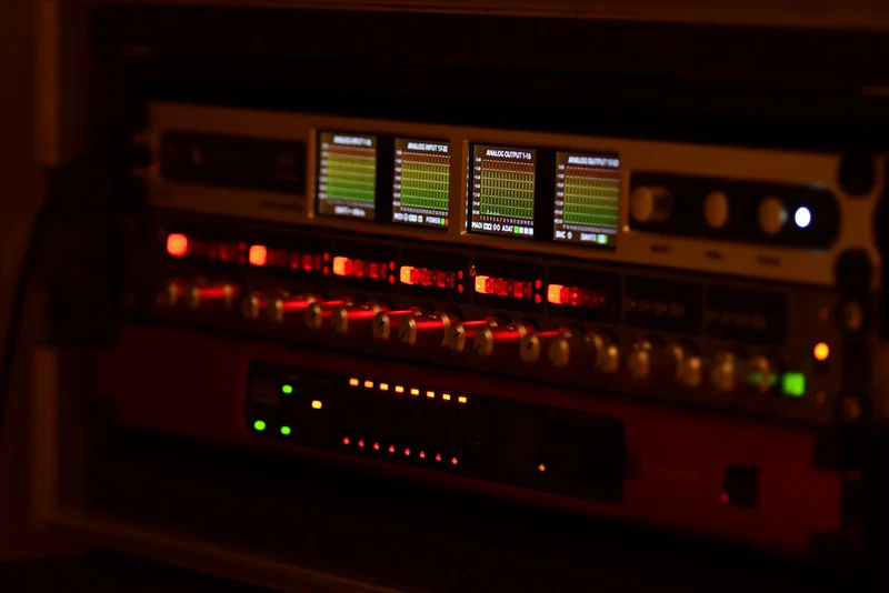 The stage recording rack containing a Ferrofish A32 Dante, Audient ASP880 & Focusrite MP8R