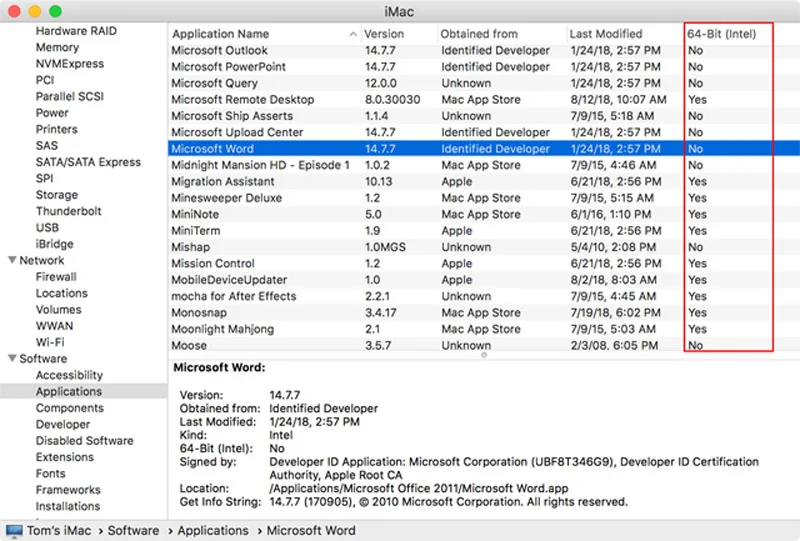 You can use System Report, part of About This Mac, to see if your apps are 32-bit or 64-bit.