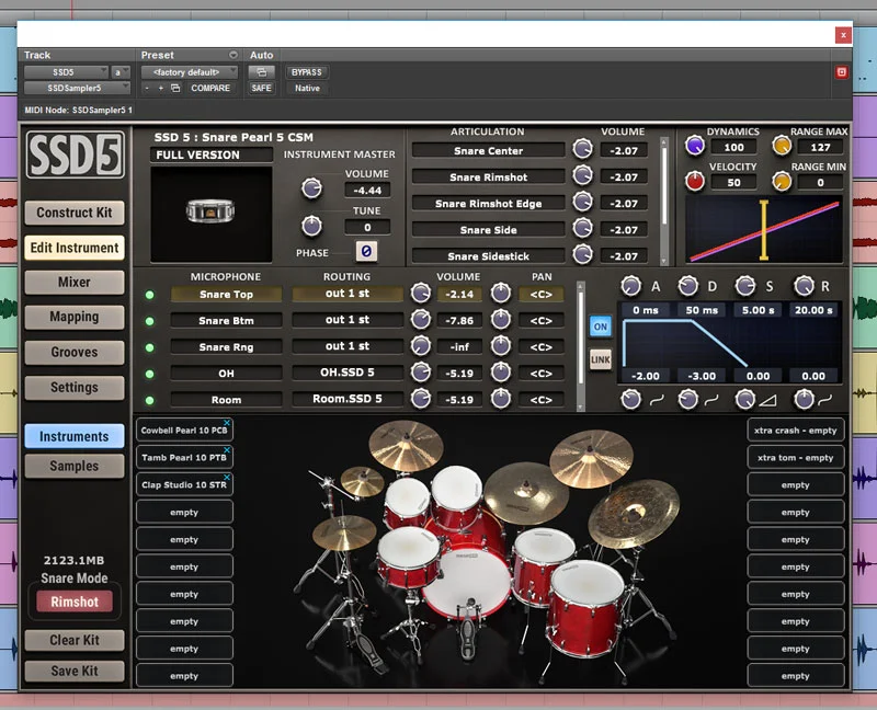 SSD5 Edit Instrument window. This is the kit we used for Mix 3 - Rocky Metal