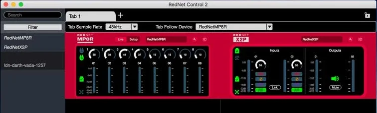 Focusrite RedNet Control 2 Showing The Controls For The X2P & MP8R Mic Pres.