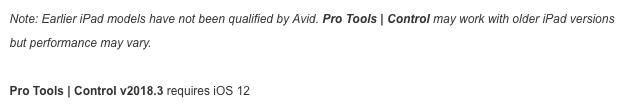 Avid Pro Tools Control App old iPad requirements