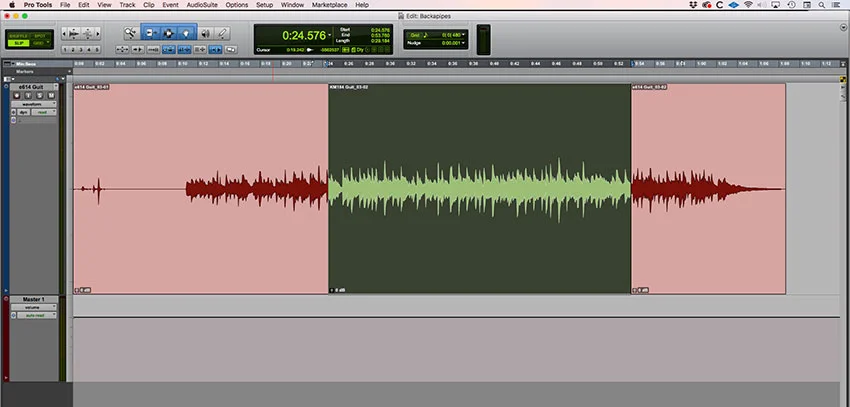 Using Edit - Trim To Fill Selection extends the green clip to the beginning and end of the of the edit selection.
