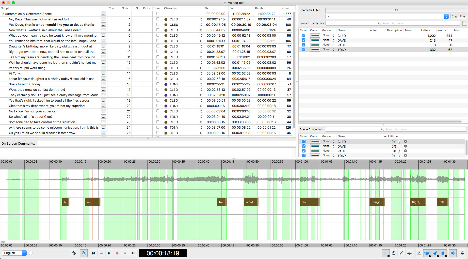 VoiceQ loaded - script with region blocks on the timeline. Click on the image to see a larger version.
