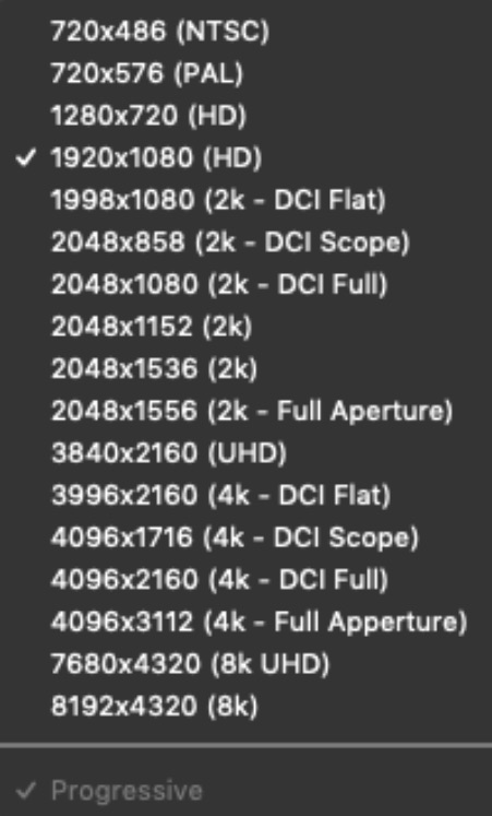 A Sample Of Preset Sizes In The Tech Preview Version Of Pro Tools