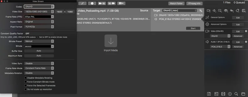Edit DNxHD Setting on ffWorks