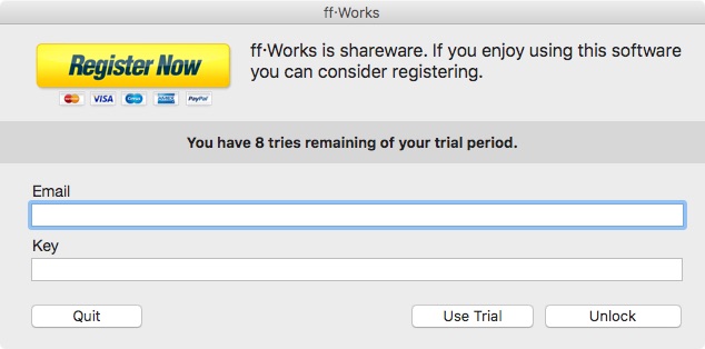 ffWorks Trial screen
