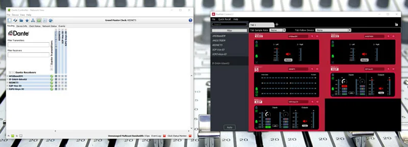 Dante Controller and Focusrite Rednet Control software fully configured. Click on the image to see a larger version.