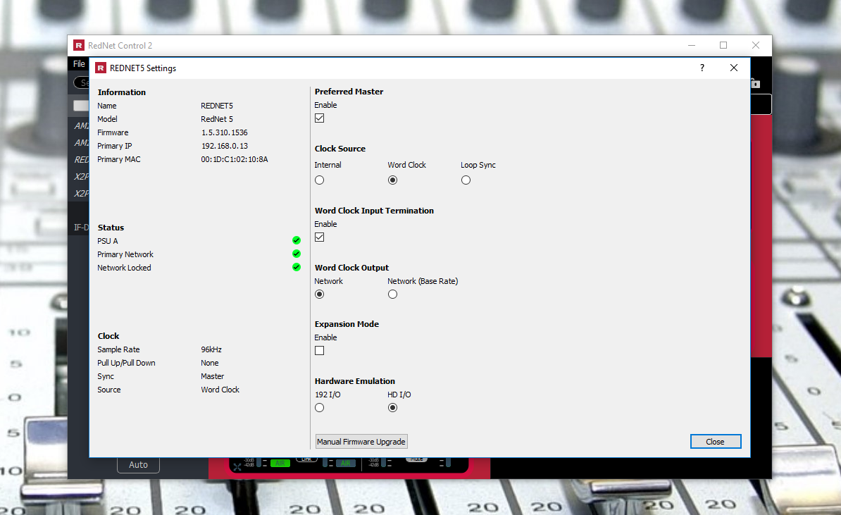 Unlocking external sync on the Rednet 5 inside Rednet Control.