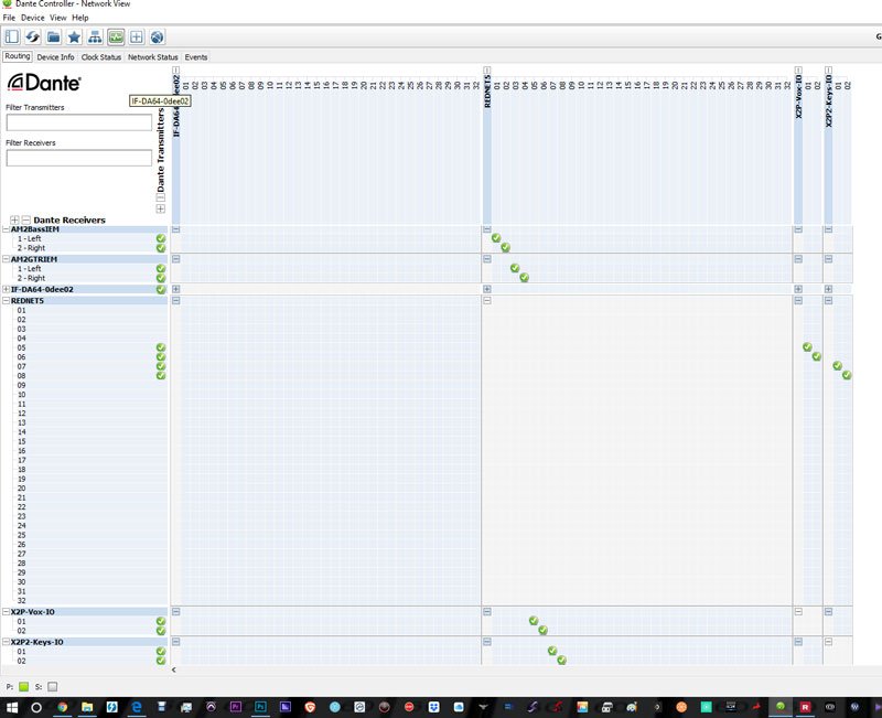 Dante Controller showing all the monitor paths and mic pre routing from the X2P and AM2 units. Click on the image to see a larger version.