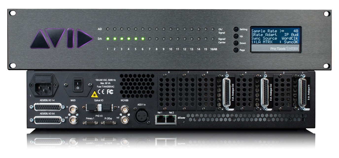 The front and back on the Avid MTRX interface and routing system.