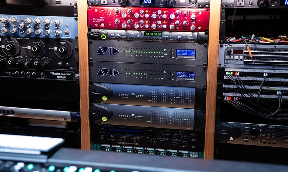 Two of Avid’s MTRX interfaces in a recording studio rack.