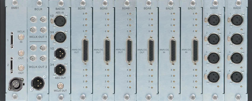A fully loaded Burl B80 Mothership set up for an HDX workflow with 2 pairs of AES I/O. 24 of analogue I/O over D-Sub and 8 additional channels of microphone preamps.