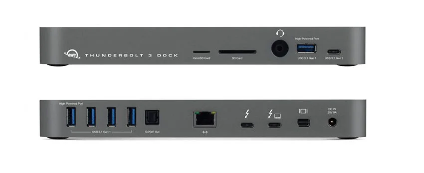 The OWC Thunderbolt 3 Dock front and back.