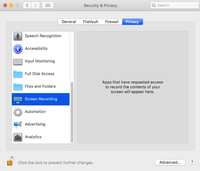 The Security & Privacy preference pane will keep track of which apps you have allowed or banned from accessing protected areas, devices, and services.