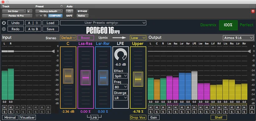 Penteo 16 Pro upmix plugin to Dolby Atmos 9.1.6 without the visualizer