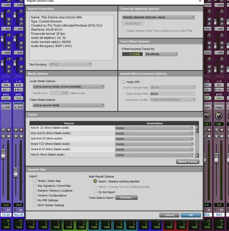 The Import Session Data dialogue box in Pro Tools.