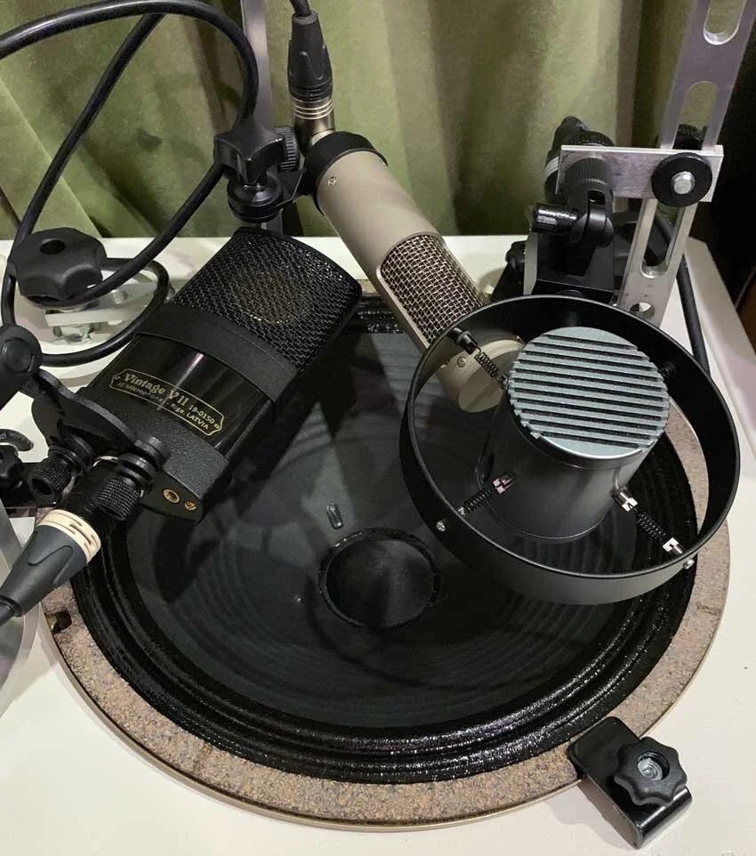 The Sontronics Corona, Royer Labs R10 and JZ Microphones Vintage V11 on a single 12” speaker.