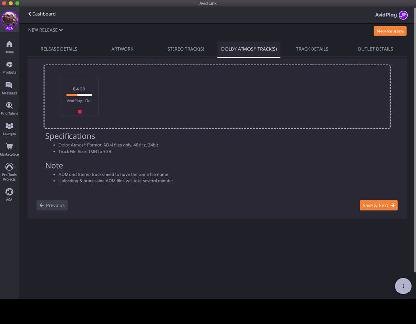 AvidPlay Upload Dolby Atmos Tracks