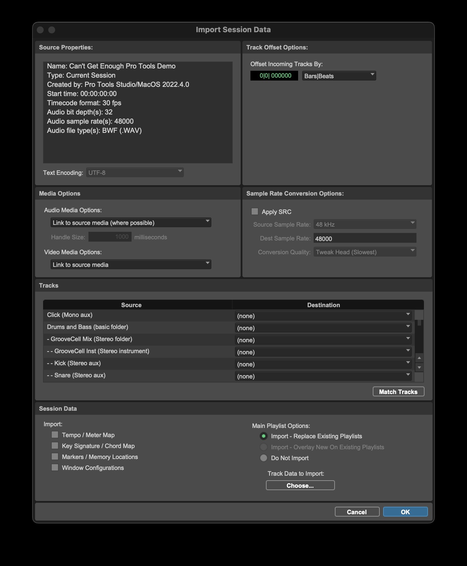 Import Session Data Window