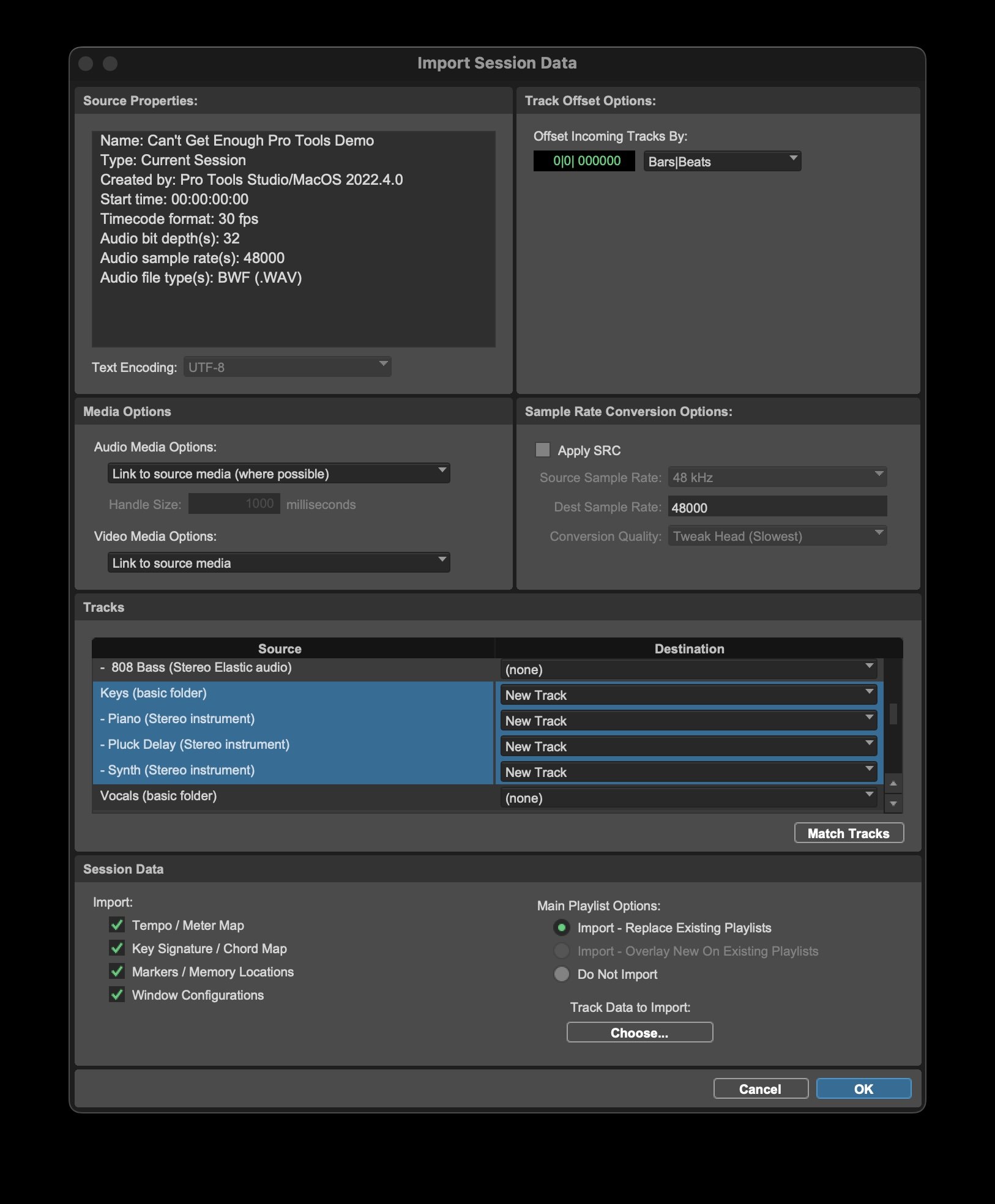 Import Session Data Window with selections made