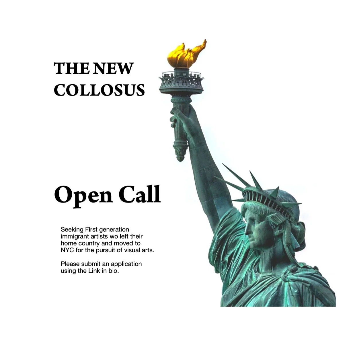 Artist - Cibele Vieira and Lorimoto Gallery are announcing an upcoming exhibition - "The New Colossus" Inspired by the poem of Emma Lazarus - famously inscribed on the base of the Statue of Liberty . 
We are in process of seeking First gene