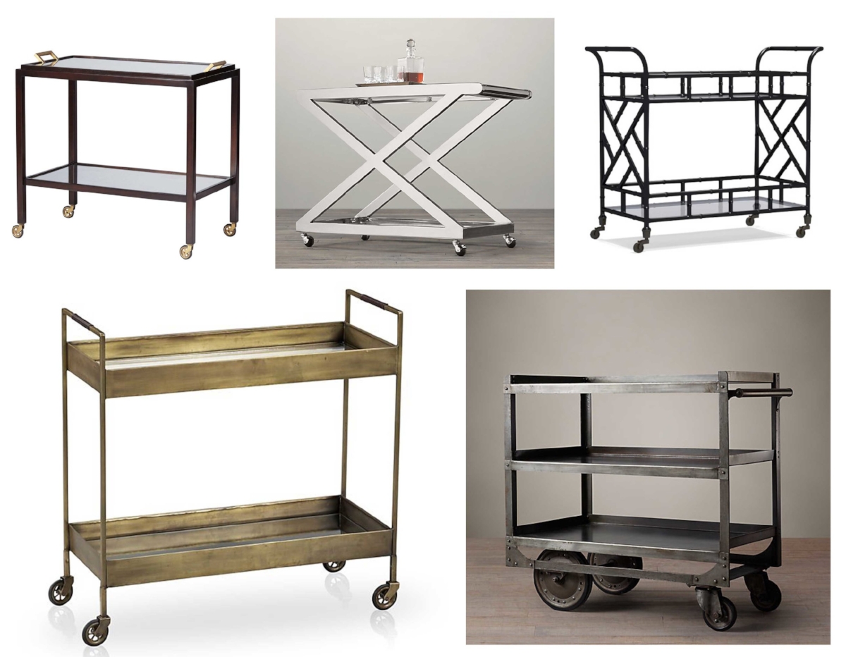 Bar carts shown are Serena & Lily Parisian ($995), Restoration Hardware 1950's Milo ($895), Williams-Sonoma Chippendale ($699), Crate & Barrel Libations ($599) and Restoration Hardware 1930's Industrial Steel