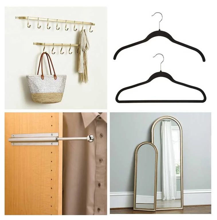 Ballard Design Carsten Gold Hook Rack, Black No-Slip hangers, Chrome Valet Rod and Ballard Bardot Mirror