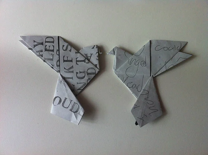 Origami birds I posted to strangers around Leeds and Bath. 2011