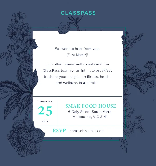 email invitation sent to select melbourne fitness influencers for an exclusive event