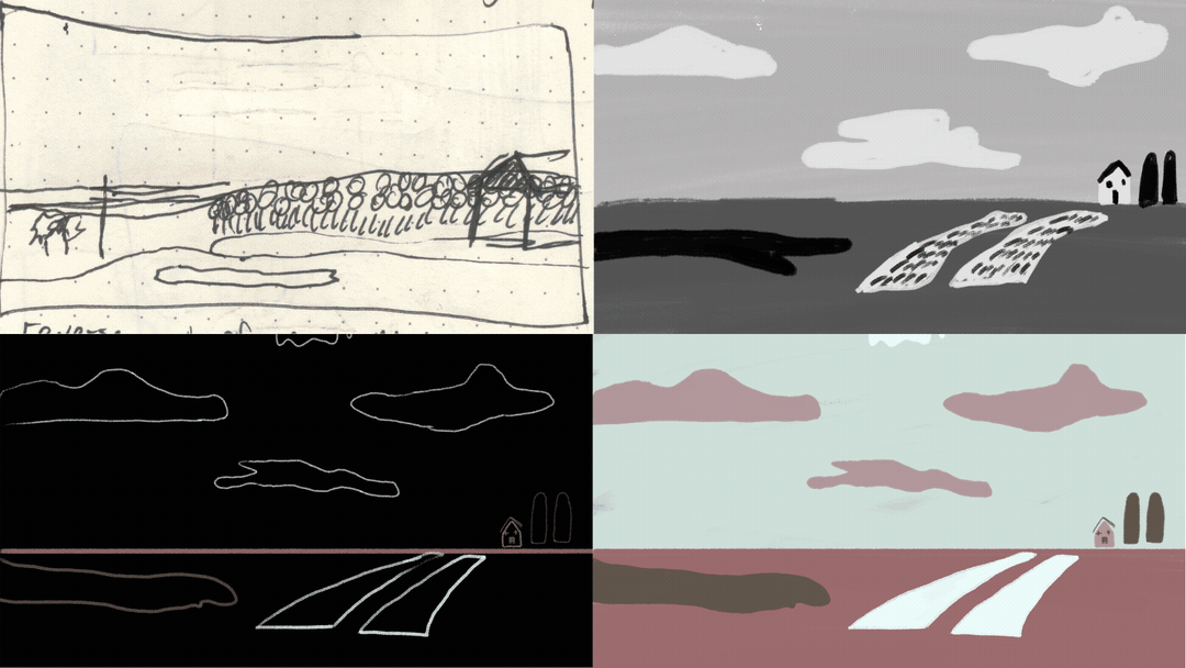 Thumbnails, Animatic, Linework, Final Image (Click for Larger)