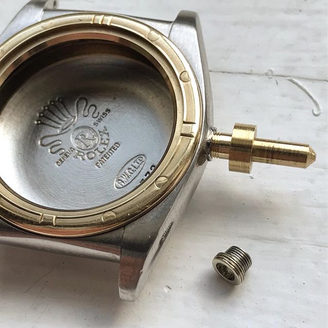 Getting ready for a Rolex bubbleback crown and case tube repair. The threaded brass plug was single point cut on a lathe with an uncommonly fine .3 metric thread pitch. It threads in nicely, and the next step will be to make a new stainless steel tub