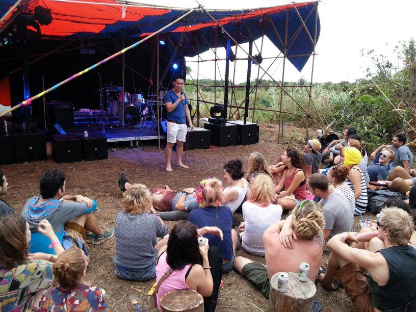  Performing barefoot at the Hush Up Secret Island Party. Hundreds of hippies, and later a baby walks on stage. 