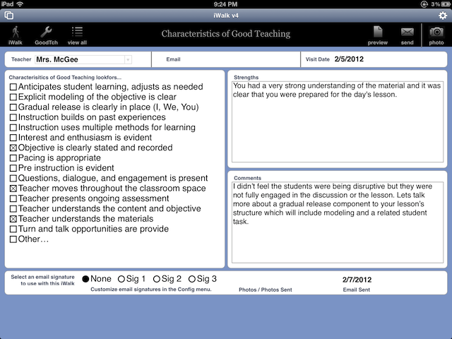 The Elements of Good Teaching tool utilizes common best practice statements to provide overall feedback on sound instructional strategies. Each tools elements are 100% customizable to your needs.