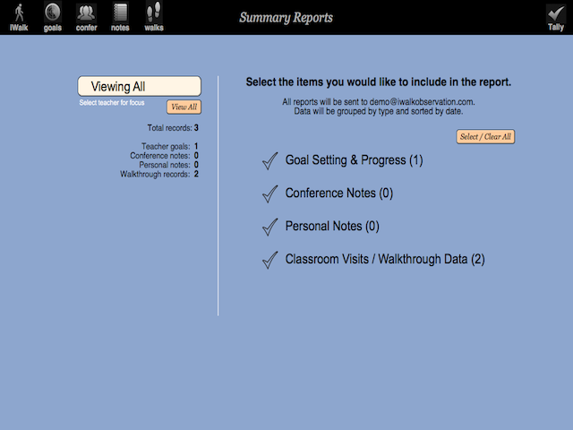 The report menu allows you to create reports by date, teacher, or iWalkObservation type from across all your iWalkObservation data.