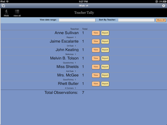 Teacher Tally gives you a glance at all your iWalkObservations organized by teacher and tool type. Perfect for quickly noting who you have and have not visited recently.