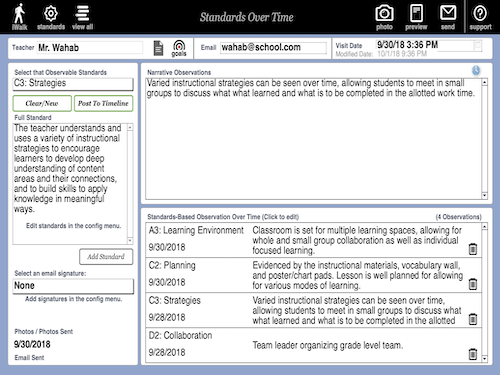 With Standards Over Time observers capture observational notes on observed teachers standards, recording these observations over time. The tool is intended to capture observations on a single, user-defined teaching standard or evaluation look for.