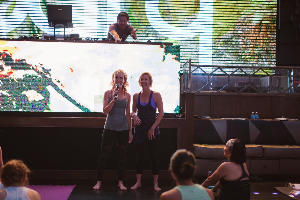 Giving bunny ears to Sheri and Helen from the DJ booth.