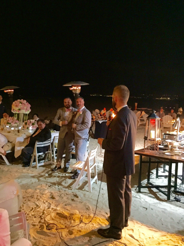 Brian and Todd are toasted at the wedding on the beach in Coronado. They celebrated their wedding at the Hotel Del Coronado in May 2015.
