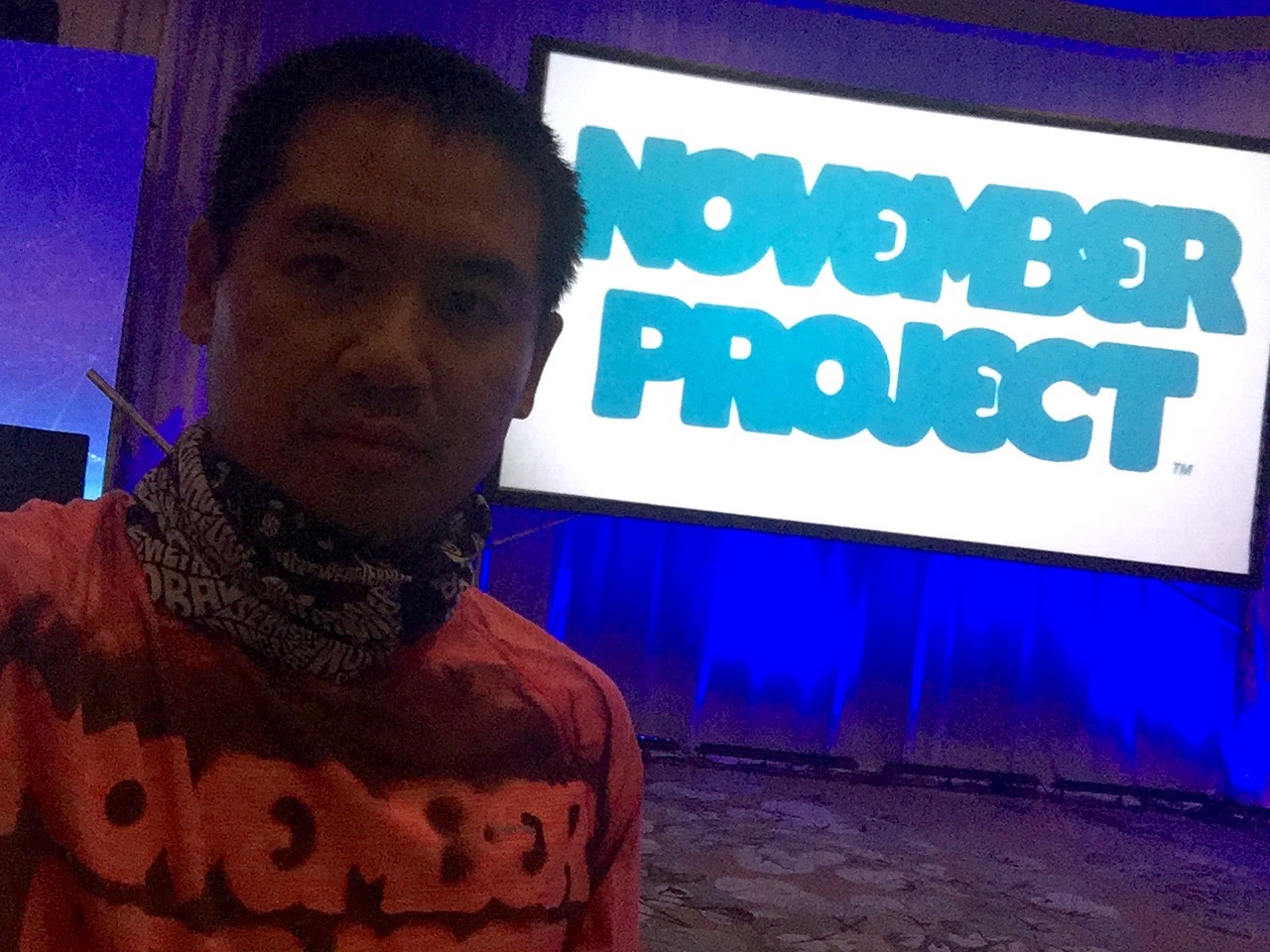 Wearing my November Project grass roots gear and getting ready to play music at 6:30 a.m. for a few hundred people. 
