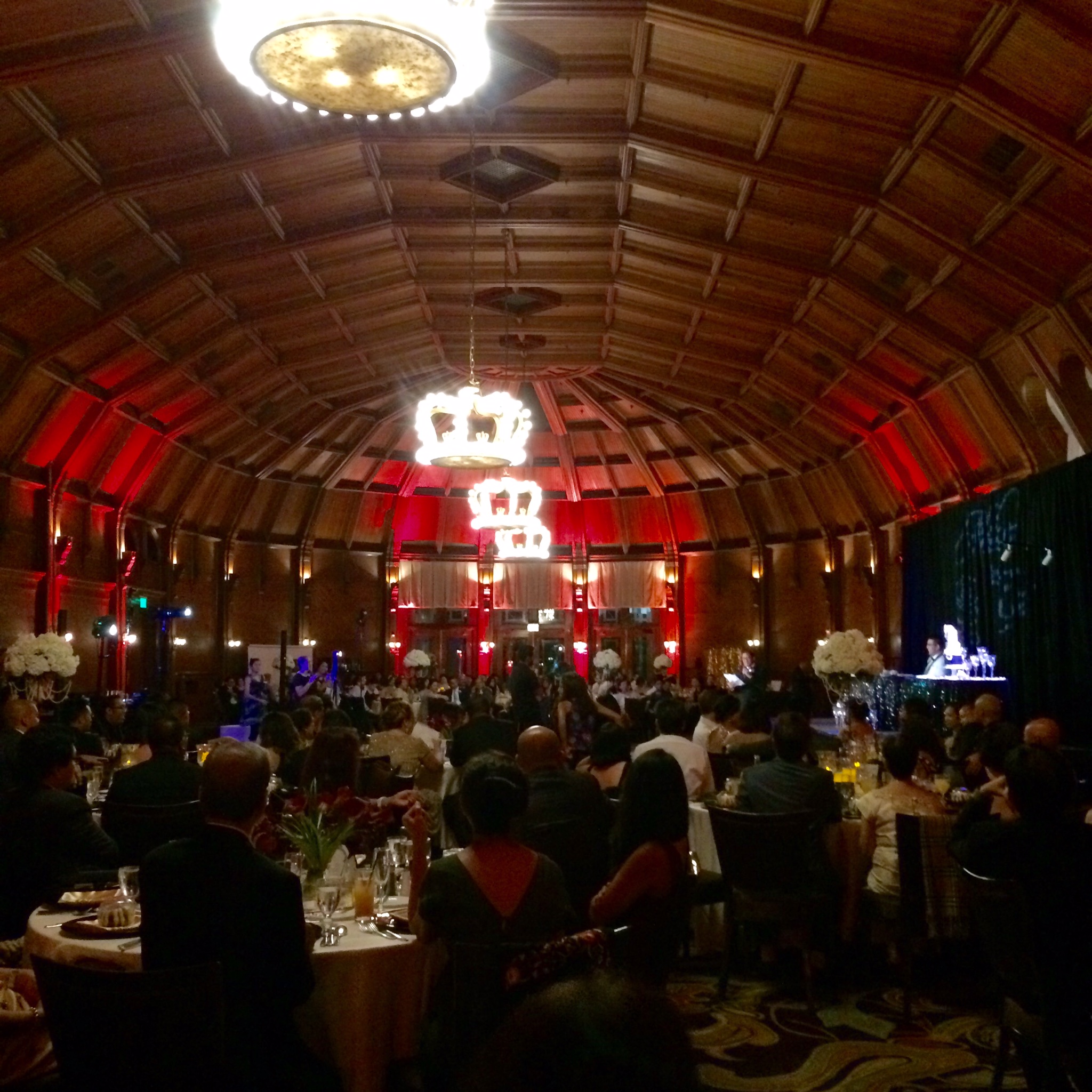 The Hotel Del Coronado Crown Room, with uplighting, monogram, DJ service and dance floor lighting all provided by DJ Kanoya. 