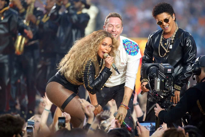 Beyonce, Coldplay and Bruno Mars perform at the Super Bowl 50 Pepsi halftime show. 