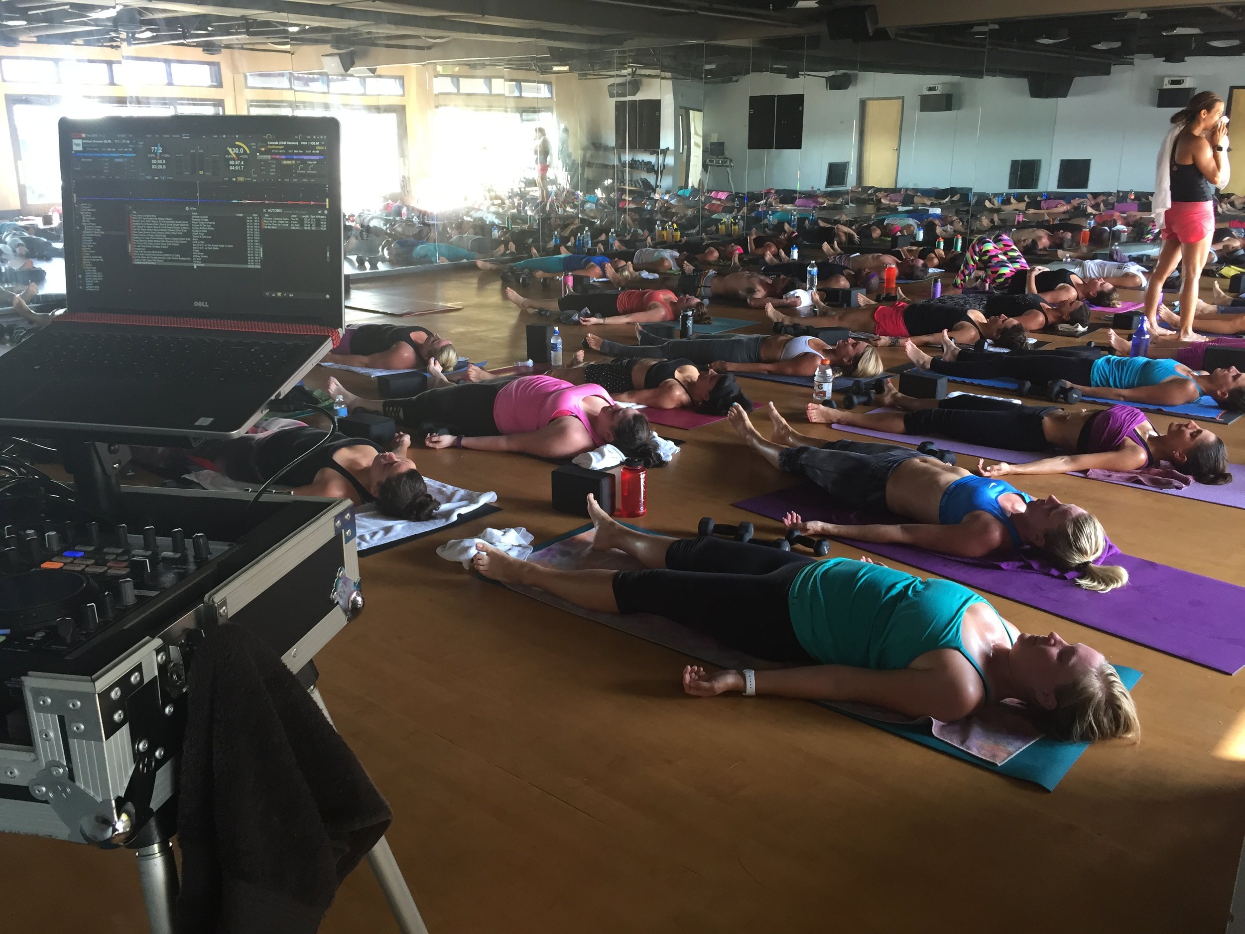 San Diego yoga DJ, Justin Kanoya, DJ's a Katie Burke led sculpt class at Corepower Yoga.